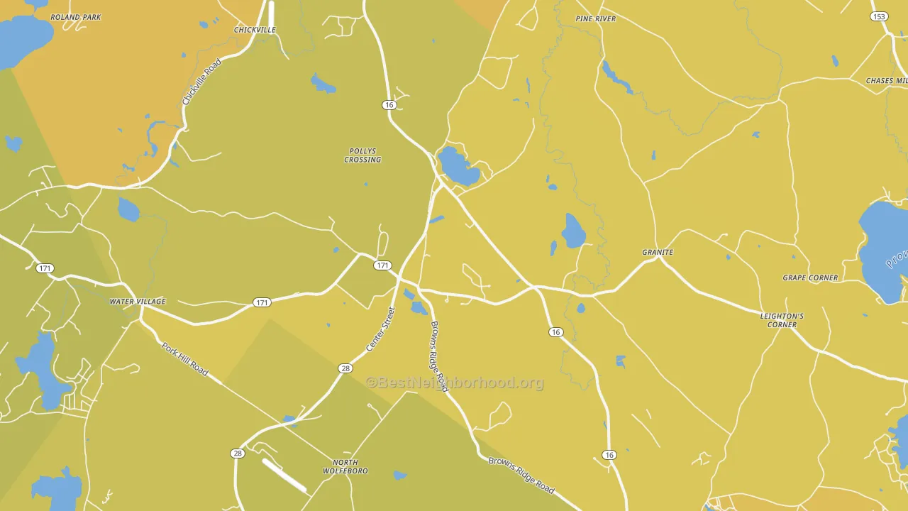 Map of the best neighborhoods in the Ossipee area, with better matches in green and worse matches in red