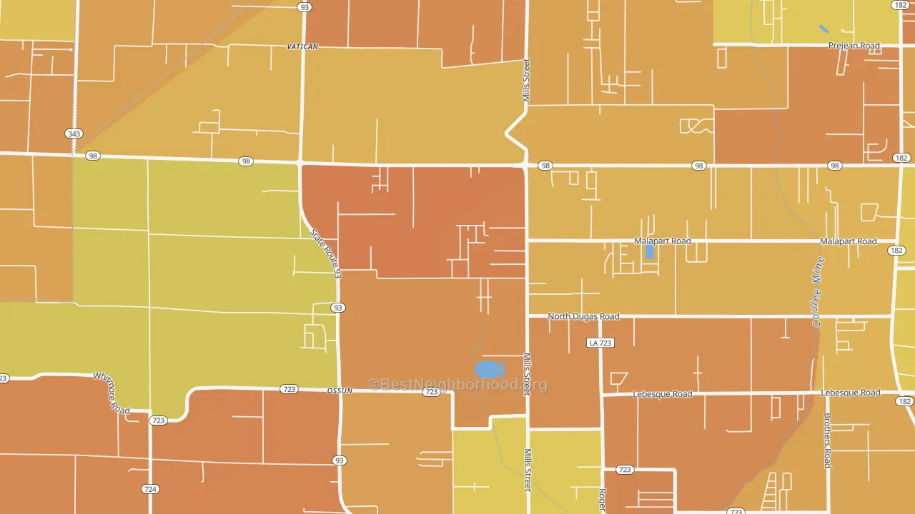 Map of the best neighborhoods in the Ossun area, with better matches in green and worse matches in red