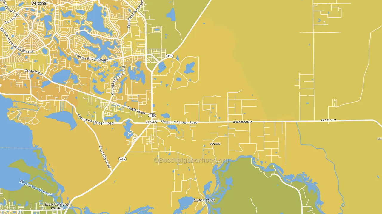 Map of the best neighborhoods in the Osteen area, with better matches in green and worse matches in red