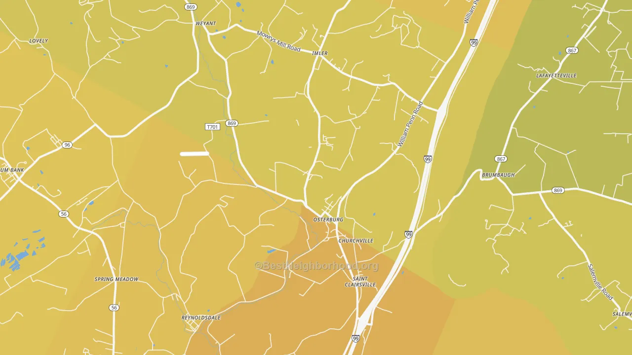 Map of the best neighborhoods in the Osterburg area, with better matches in green and worse matches in red
