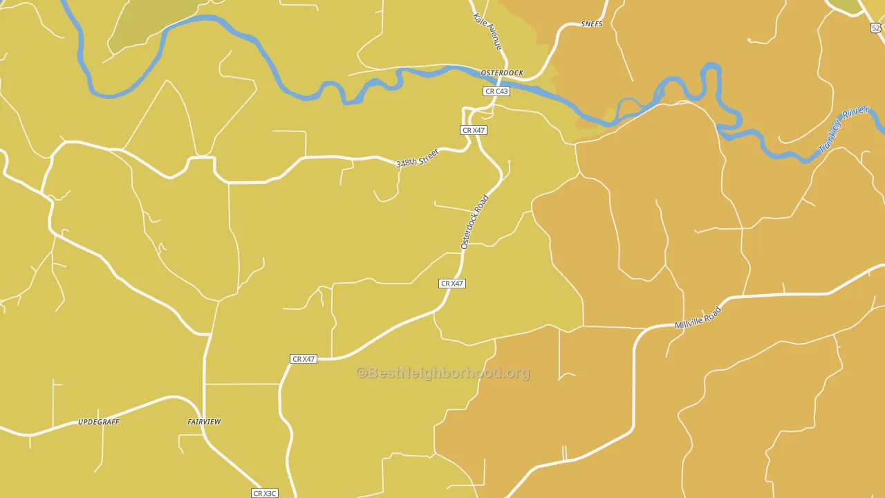 Map of the best neighborhoods in the Osterdock area, with better matches in green and worse matches in red