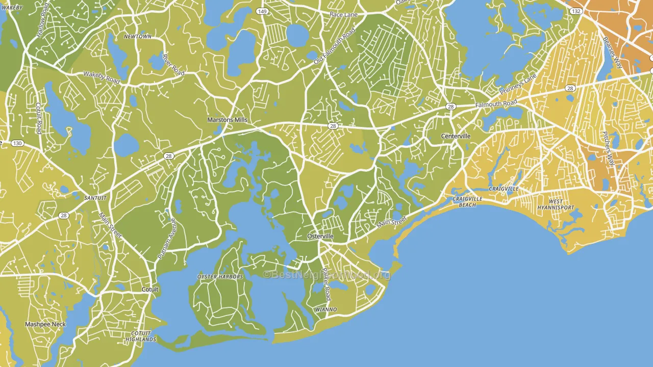 Map of the best neighborhoods in the Osterville area, with better matches in green and worse matches in red