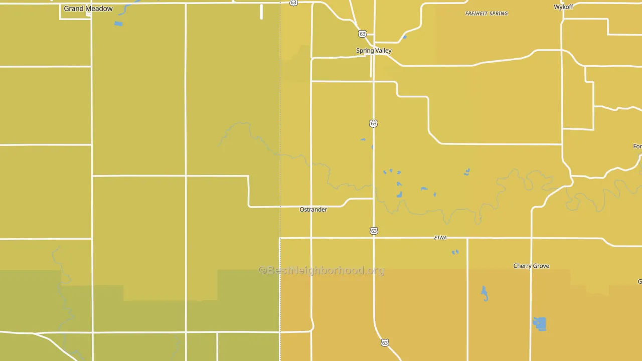 Map of the best neighborhoods in the Ostrander area, with better matches in green and worse matches in red