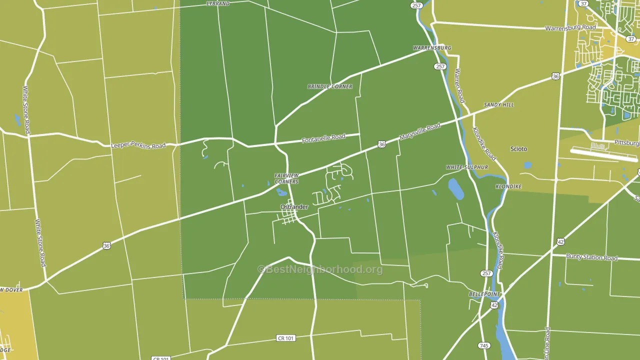 Map of the best neighborhoods in the Ostrander area, with better matches in green and worse matches in red
