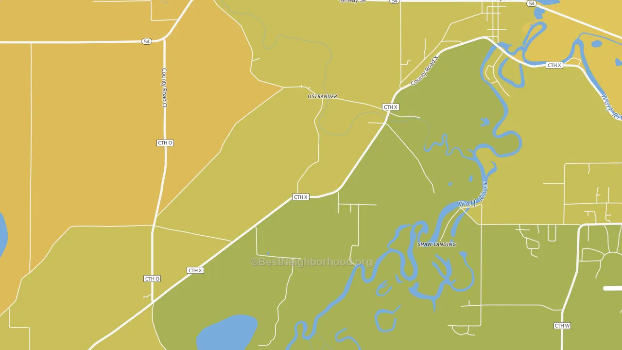 Map of the best neighborhoods in the Ostrander area, with better matches in green and worse matches in red