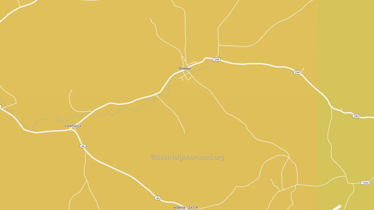 Map of the best neighborhoods in the Oswayo area, with better matches in green and worse matches in red