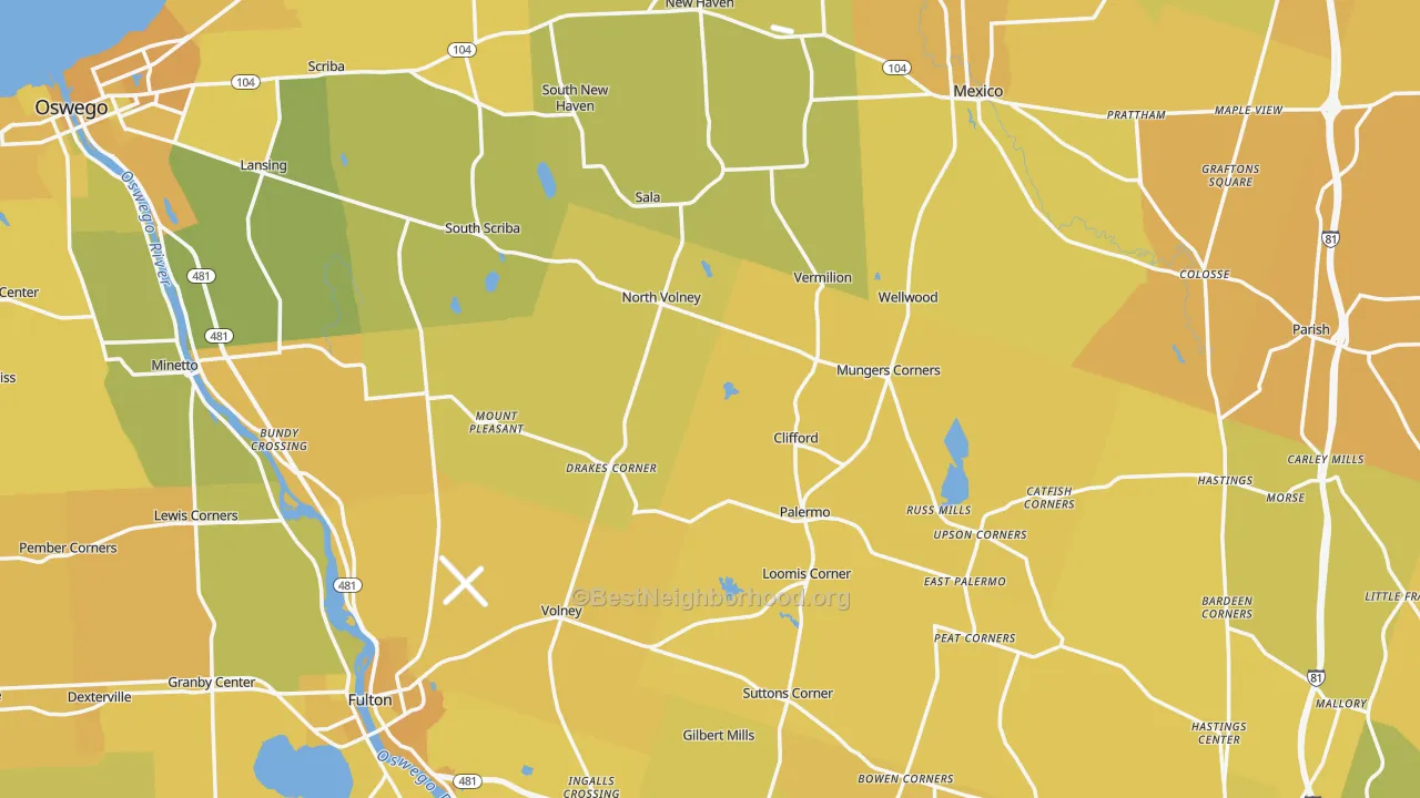 Map of the best neighborhoods in the Oswego County area, with better matches in green and worse matches in red