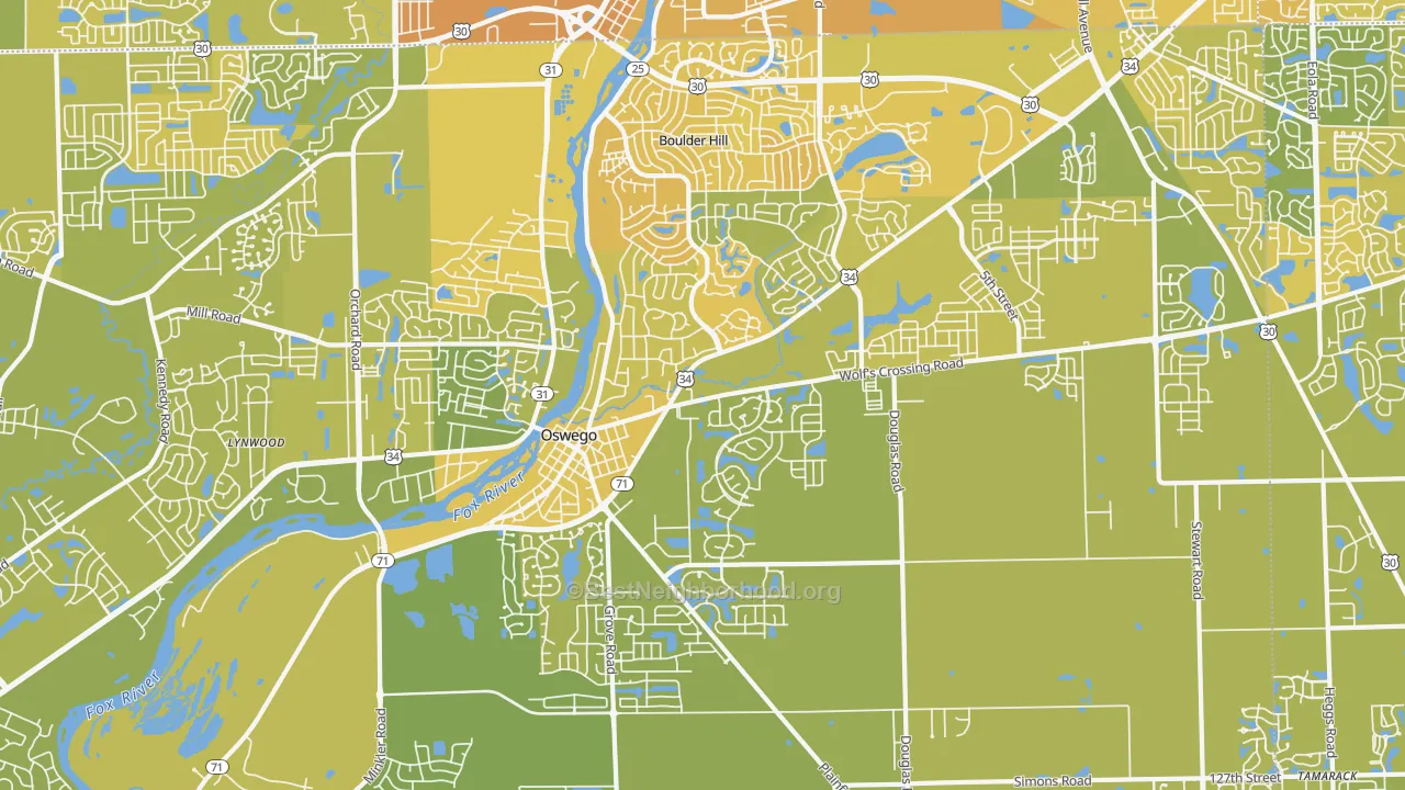 Map of the best neighborhoods in the Oswego area, with better matches in green and worse matches in red