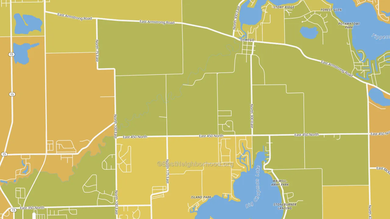 Map of the best neighborhoods in the Oswego area, with better matches in green and worse matches in red