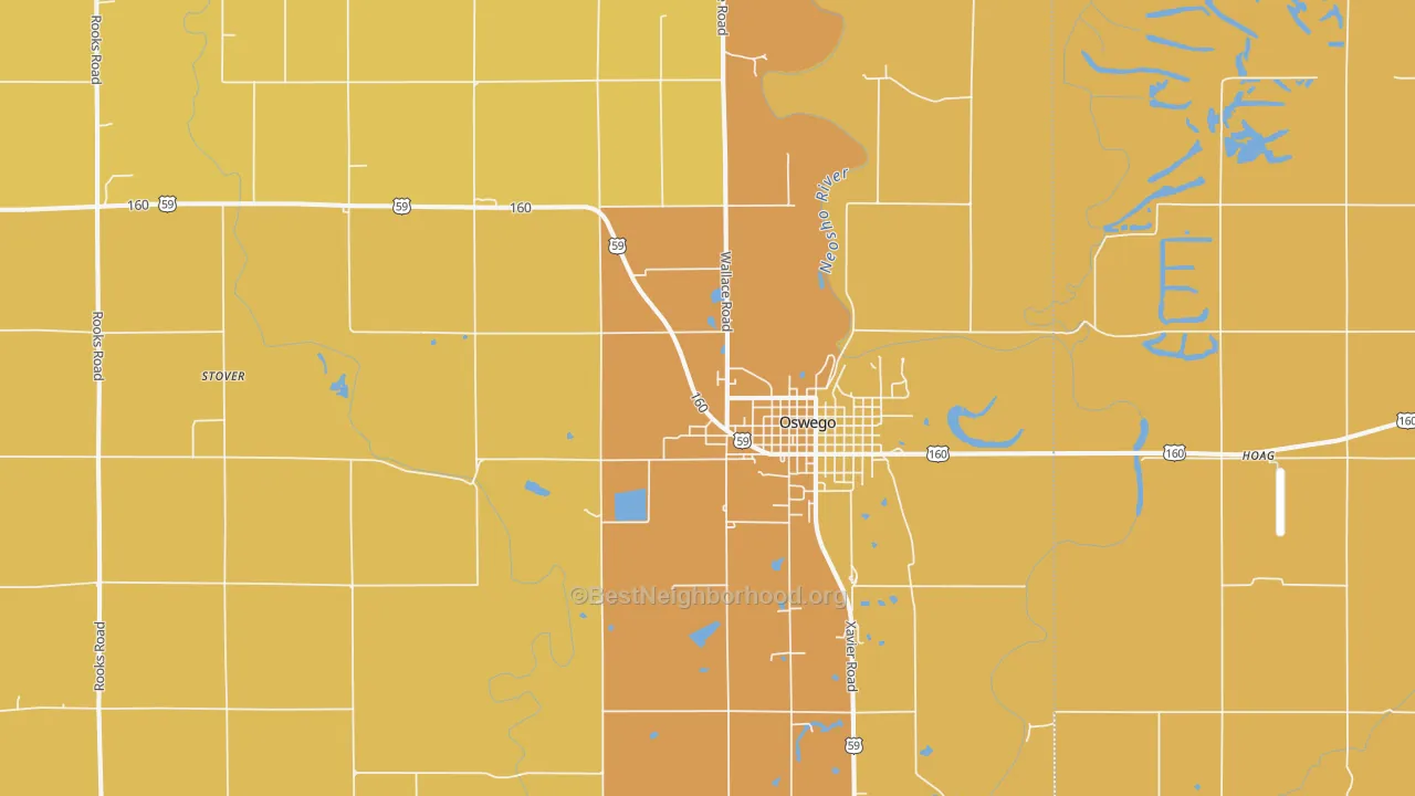 Map of the best neighborhoods in the Oswego area, with better matches in green and worse matches in red