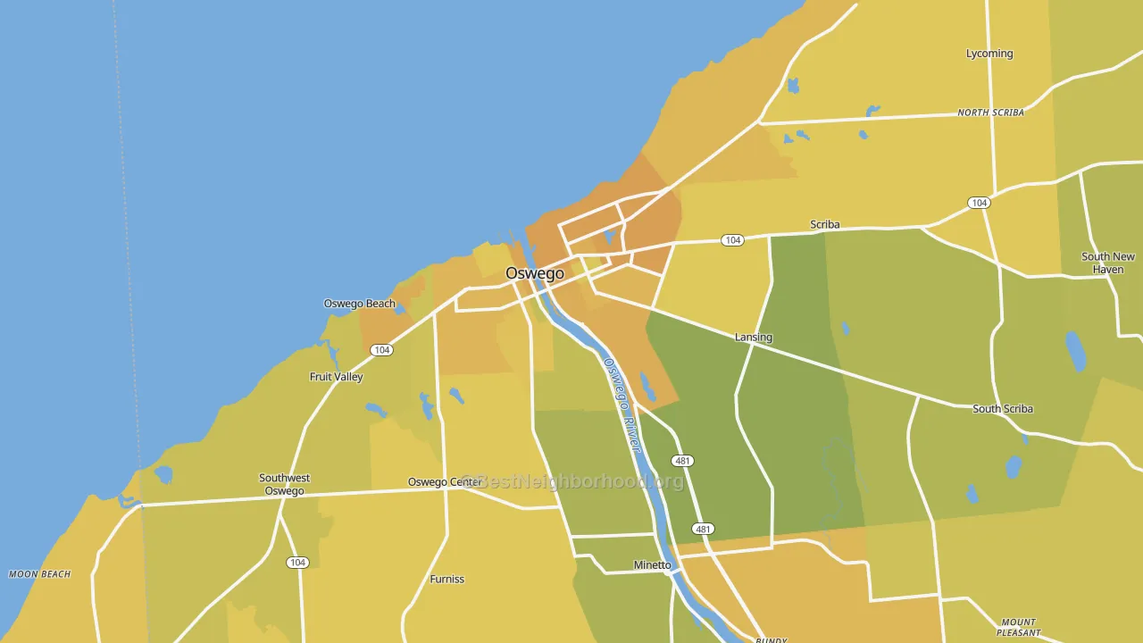 Map of the best neighborhoods in the Oswego area, with better matches in green and worse matches in red