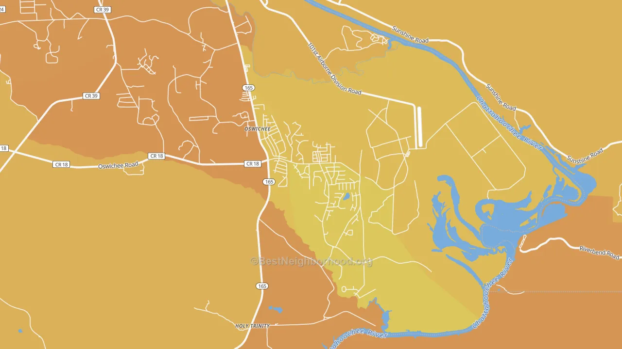 Map of the best neighborhoods in the Oswichee area, with better matches in green and worse matches in red