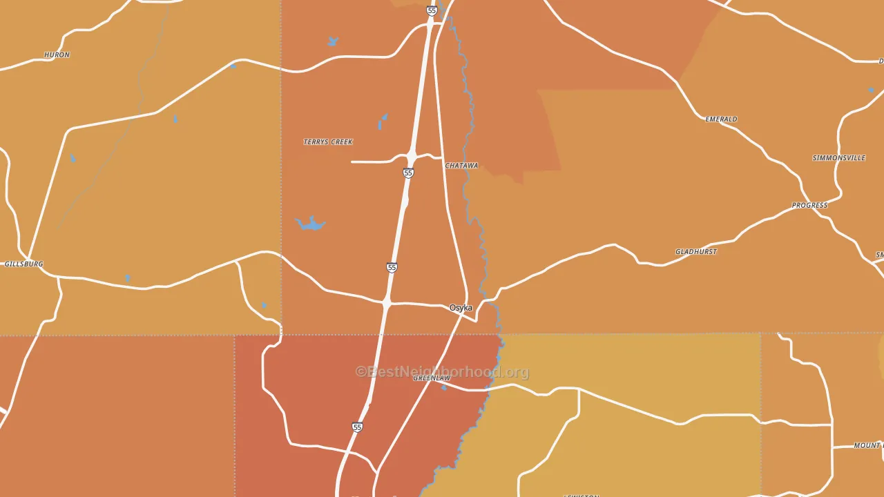 Map of the best neighborhoods in the Osyka area, with better matches in green and worse matches in red