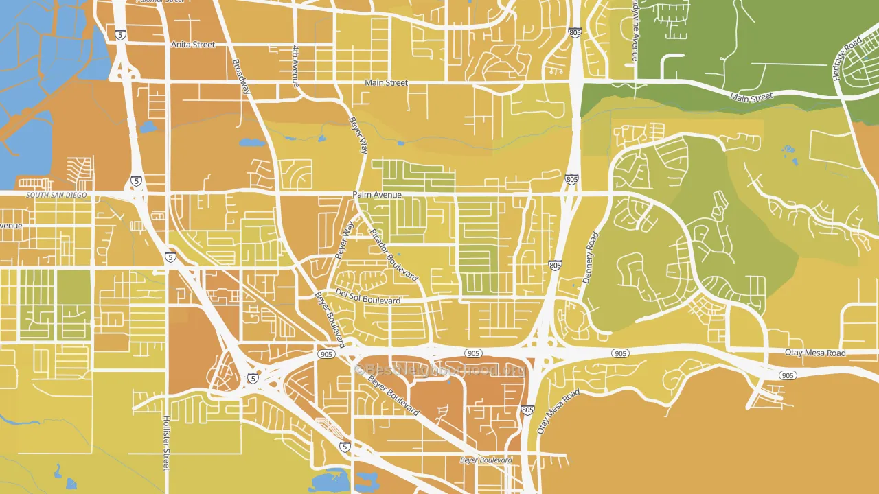 Map of the best neighborhoods in the Otay Mesa West, San Diego area, with better matches in green and worse matches in red