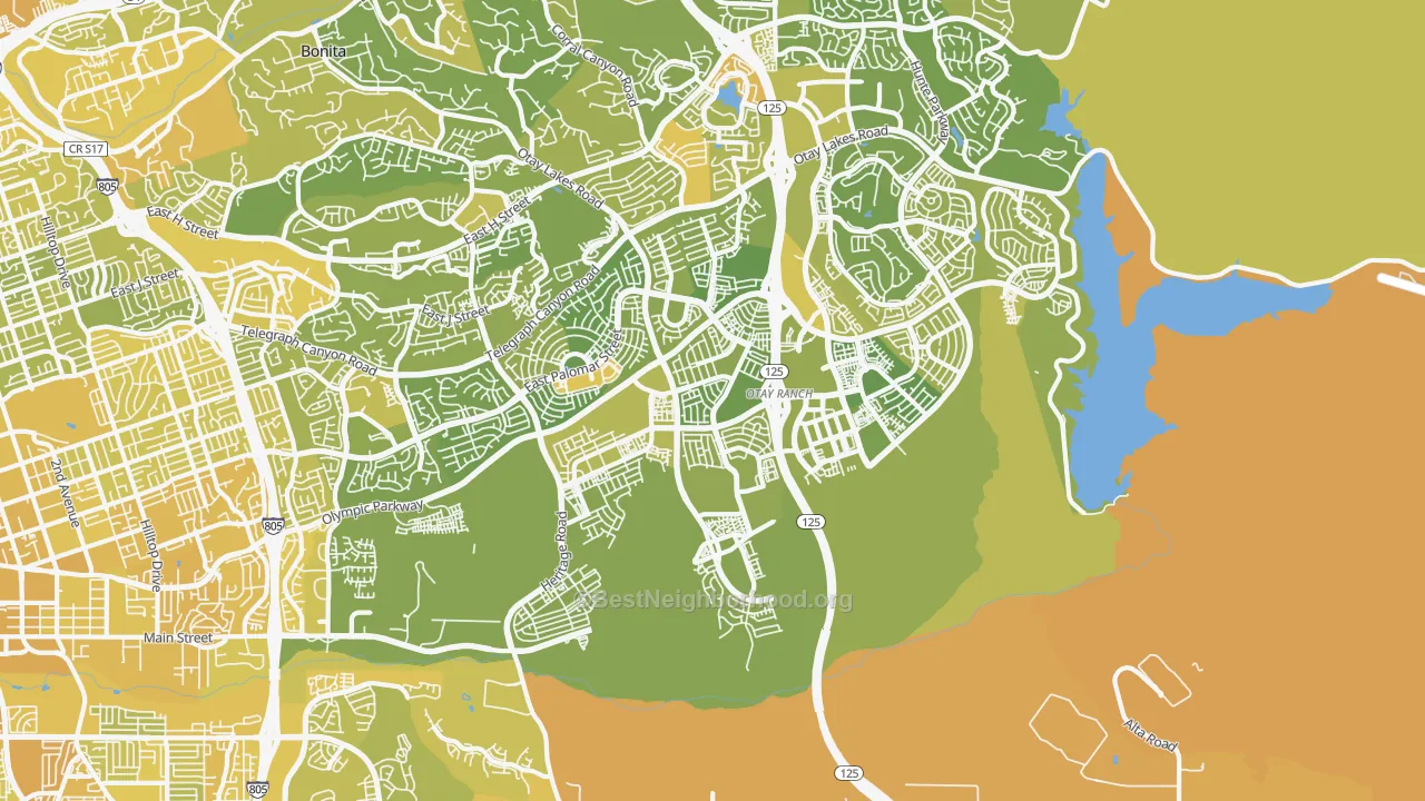 Map of the best neighborhoods in the Otay Ranch, Chula Vista area, with better matches in green and worse matches in red