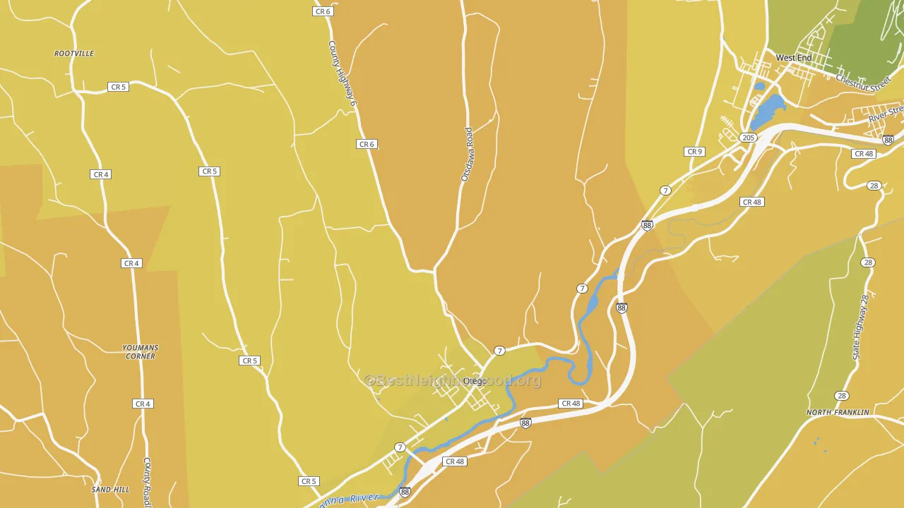 Map of the best neighborhoods in the Otego area, with better matches in green and worse matches in red