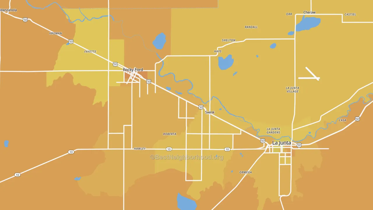 Map of the best neighborhoods in the Otero County area, with better matches in green and worse matches in red