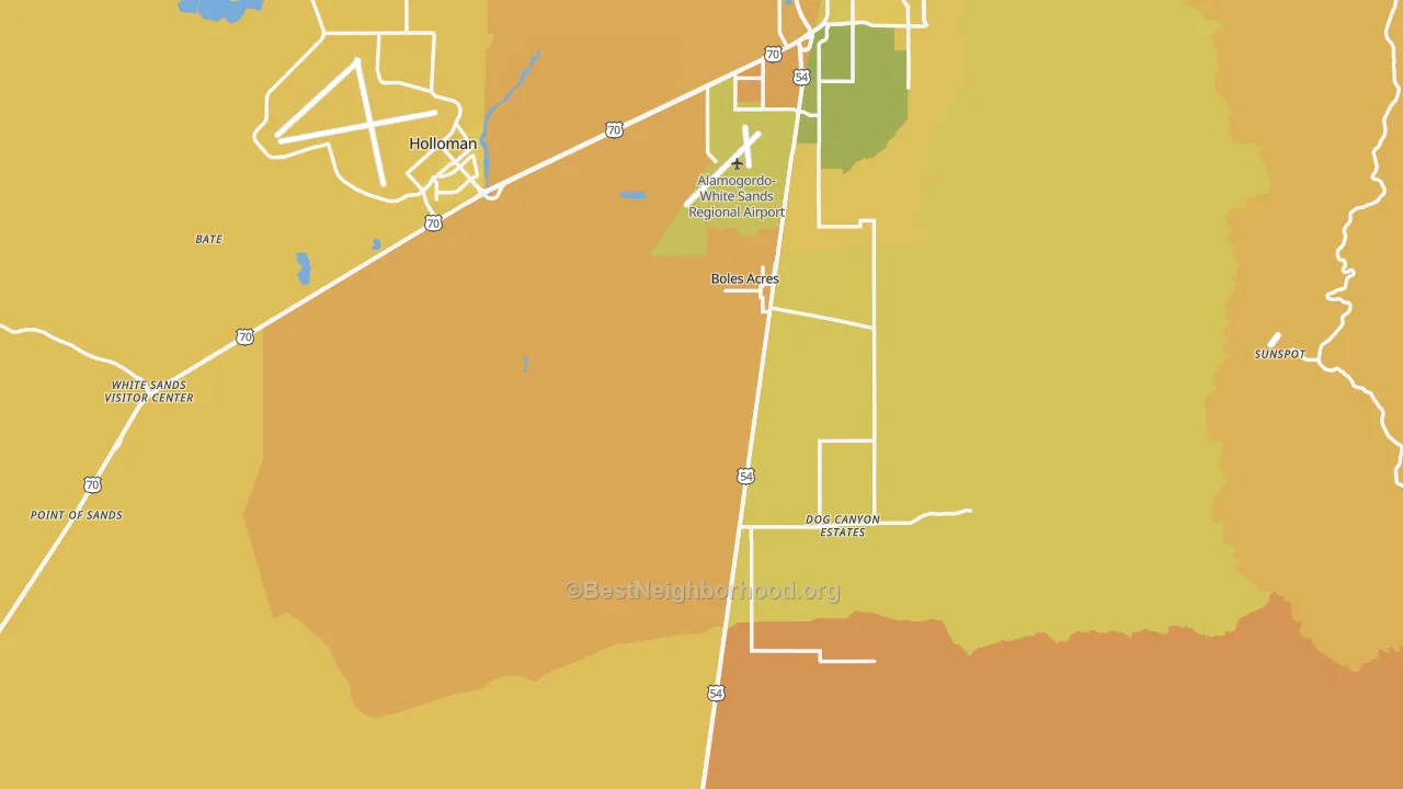 Map of the best neighborhoods in the Otero County area, with better matches in green and worse matches in red