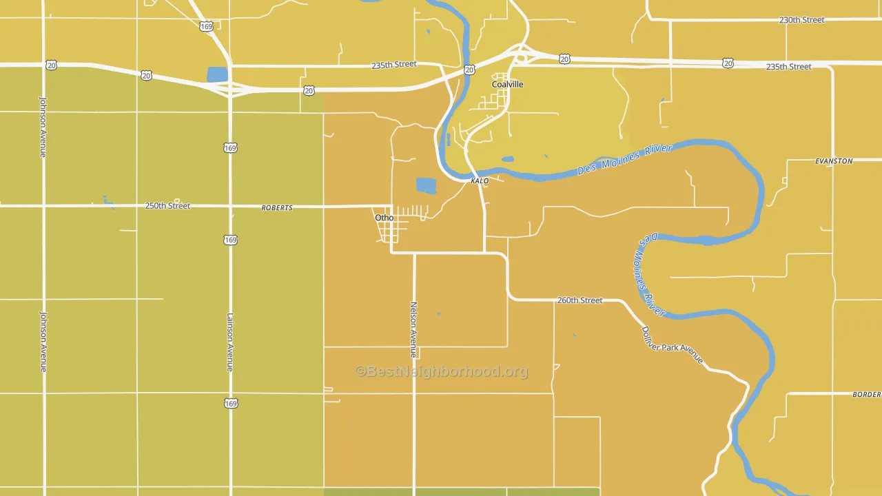 Map of the best neighborhoods in the Otho area, with better matches in green and worse matches in red