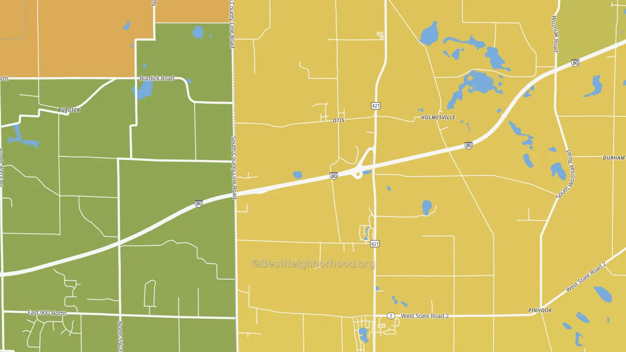 Map of the best neighborhoods in the Otis area, with better matches in green and worse matches in red