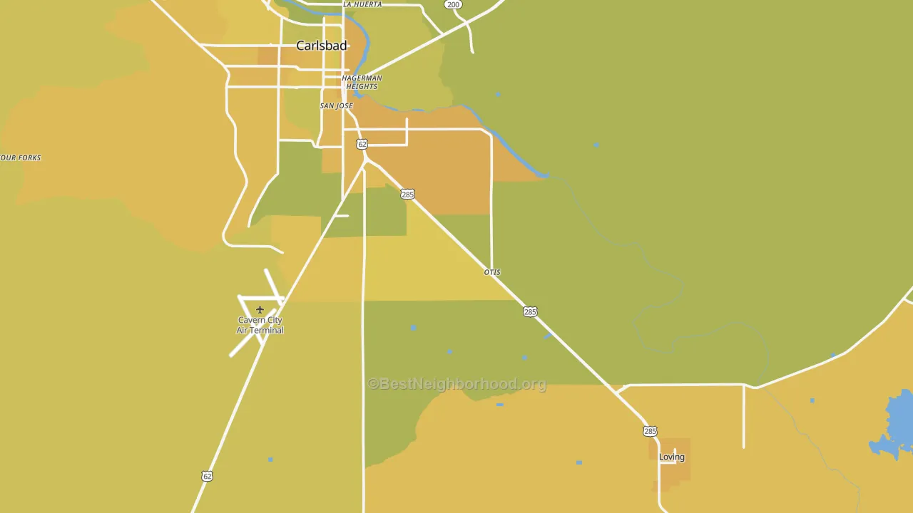 Map of the best neighborhoods in the Otis area, with better matches in green and worse matches in red