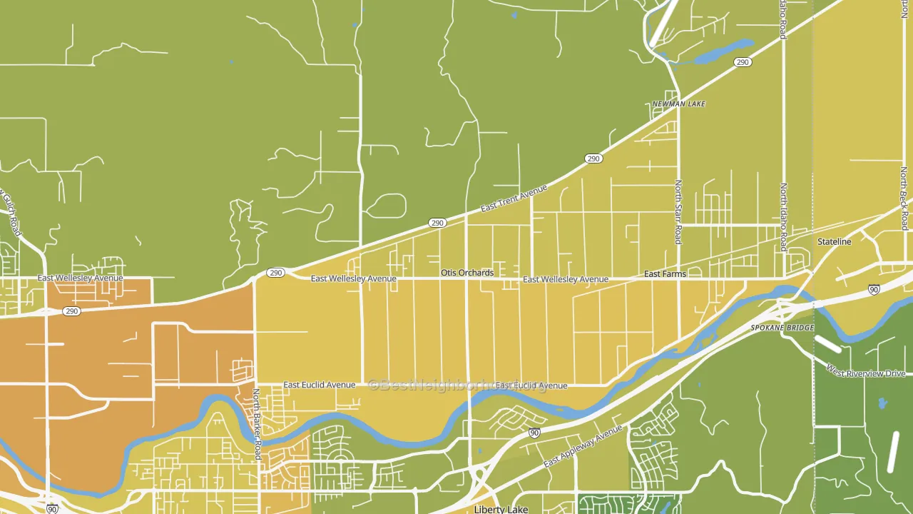 Map of the best neighborhoods in the Otis Orchards area, with better matches in green and worse matches in red