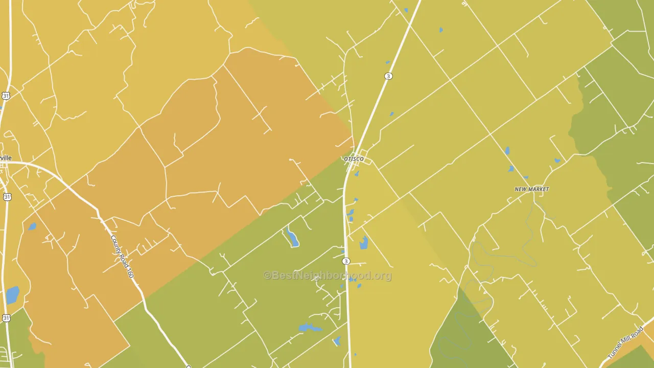 Map of the best neighborhoods in the Otisco area, with better matches in green and worse matches in red