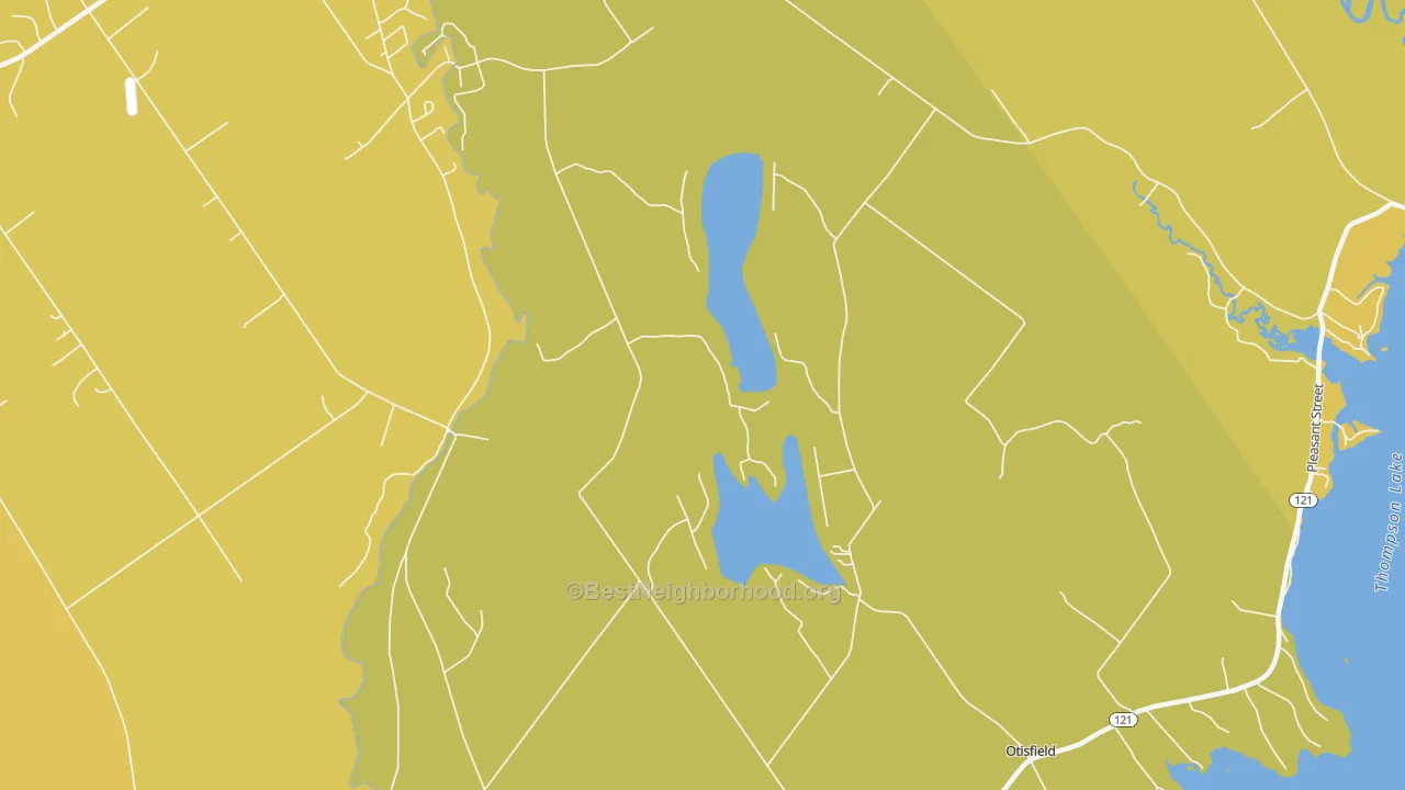Map of the best neighborhoods in the Otisfield area, with better matches in green and worse matches in red