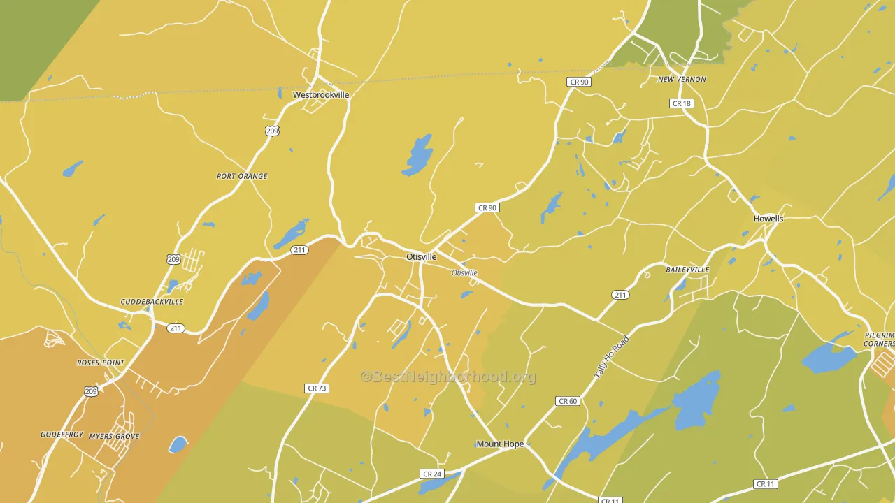 Map of the best neighborhoods in the Otisville area, with better matches in green and worse matches in red