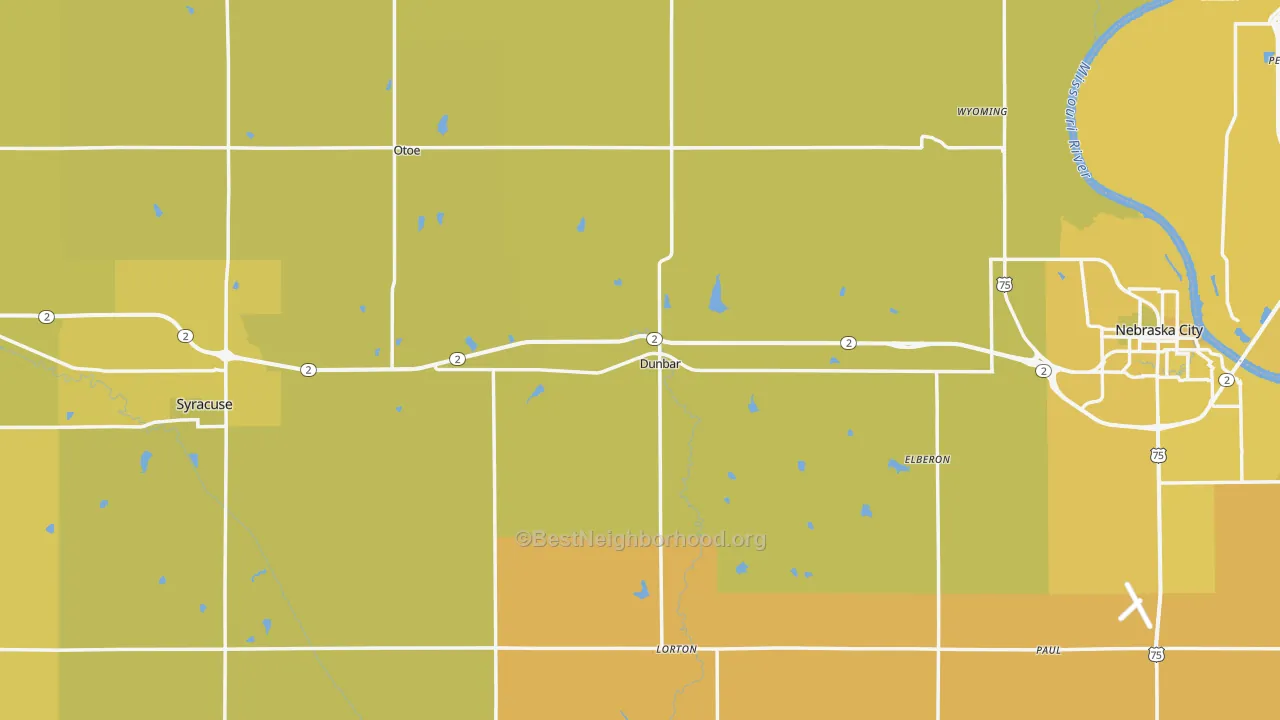 Map of the best neighborhoods in the Otoe County area, with better matches in green and worse matches in red