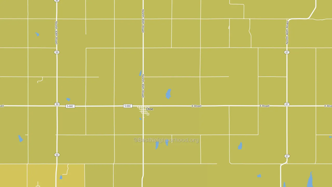 Map of the best neighborhoods in the Otoe area, with better matches in green and worse matches in red