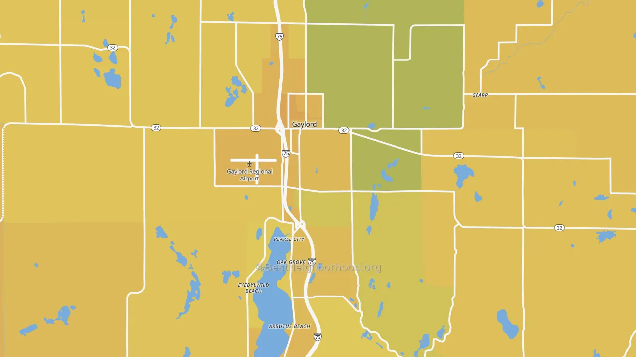 Map of the best neighborhoods in the Otsego County area, with better matches in green and worse matches in red