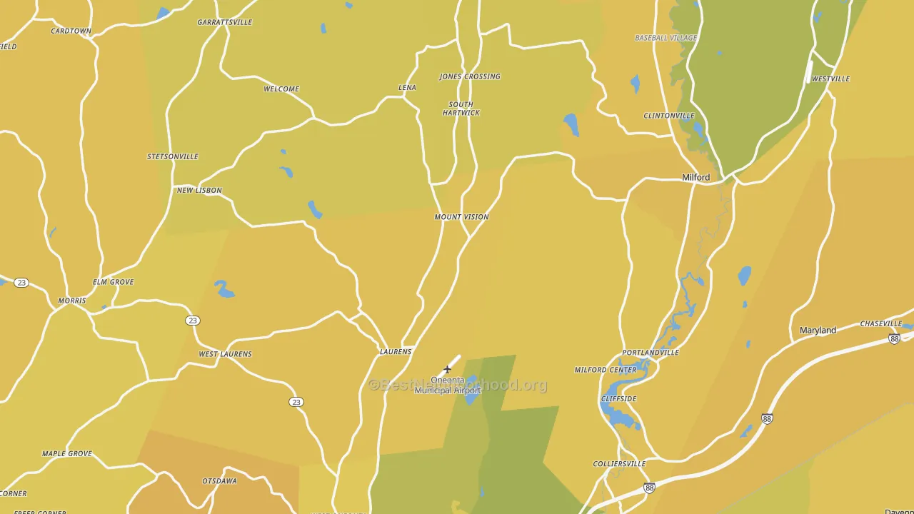 Map of the best neighborhoods in the Otsego County area, with better matches in green and worse matches in red