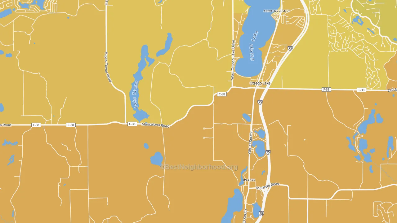 Map of the best neighborhoods in the Otsego Lake area, with better matches in green and worse matches in red