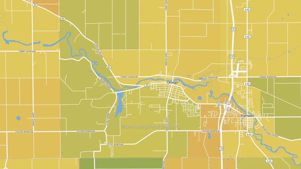 Map of the best neighborhoods in the Otsego area, with better matches in green and worse matches in red