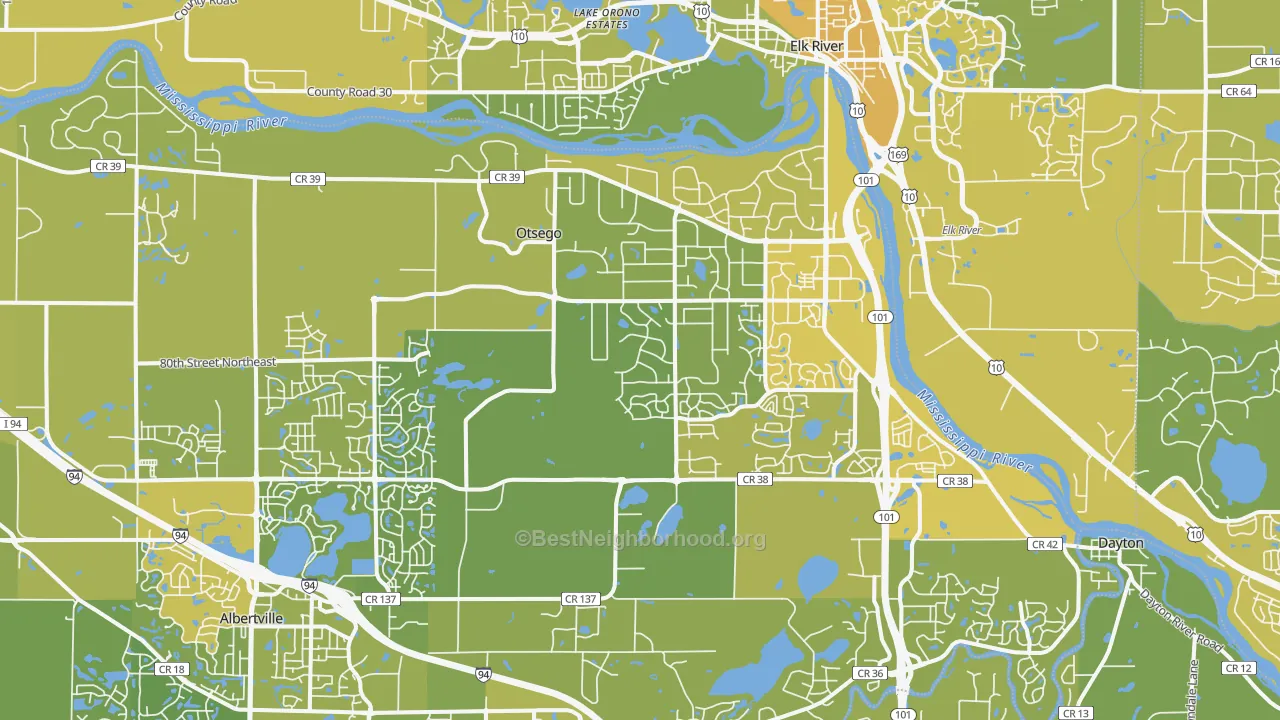Map of the best neighborhoods in the Otsego area, with better matches in green and worse matches in red