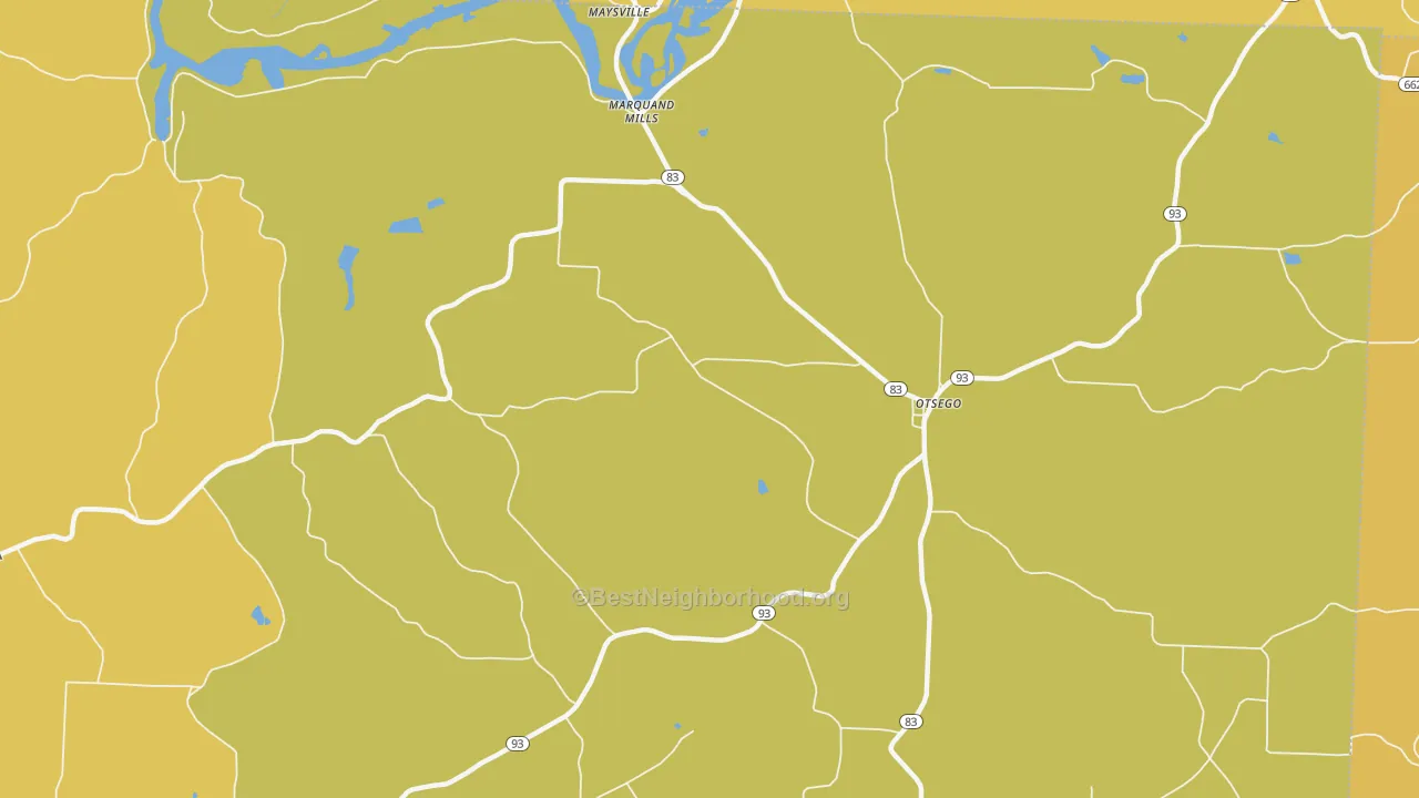 Map of the best neighborhoods in the Otsego area, with better matches in green and worse matches in red