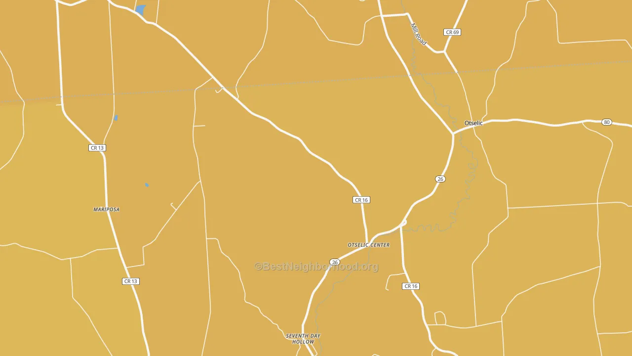 Map of the best neighborhoods in the Otselic Center area, with better matches in green and worse matches in red