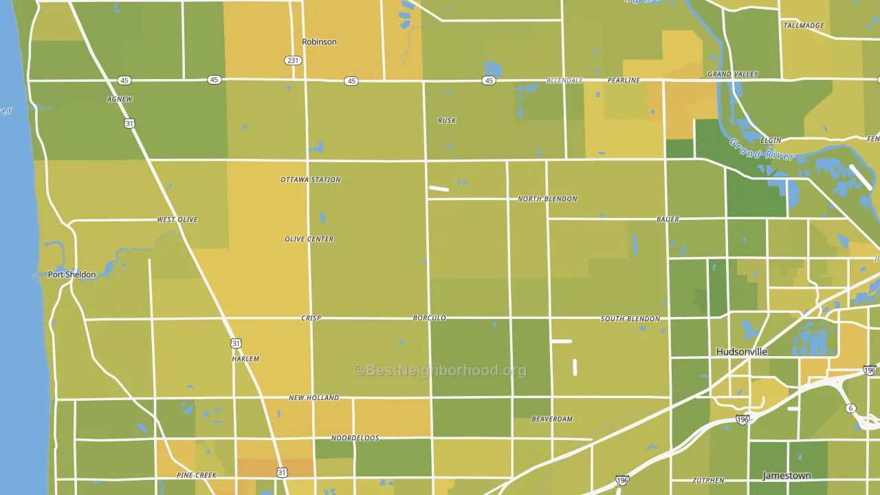 Map of the best neighborhoods in the Ottawa County area, with better matches in green and worse matches in red