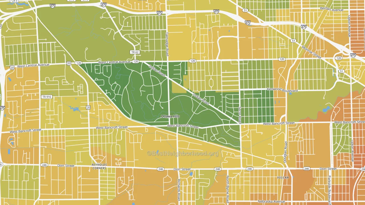 Map of the best neighborhoods in the Ottawa Hills area, with better matches in green and worse matches in red