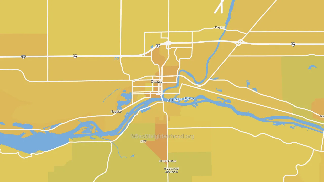 Map of the best neighborhoods in the Ottawa area, with better matches in green and worse matches in red