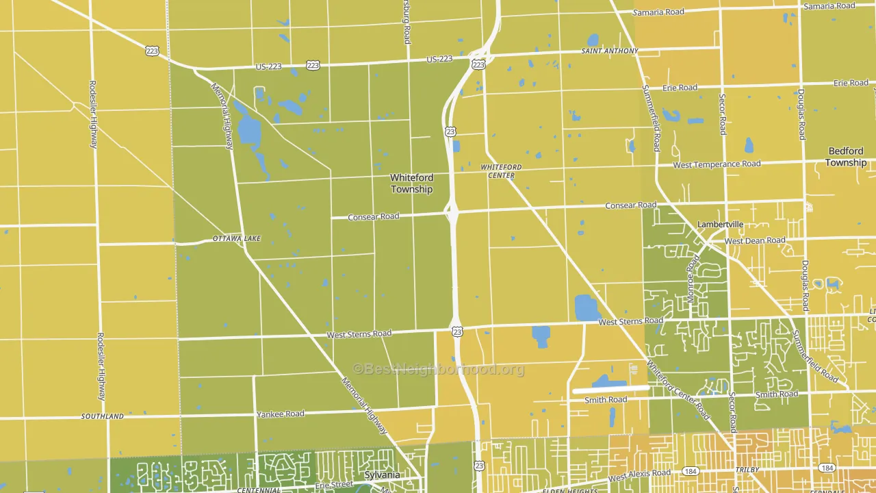 Map of the best neighborhoods in the Ottawa Lake area, with better matches in green and worse matches in red
