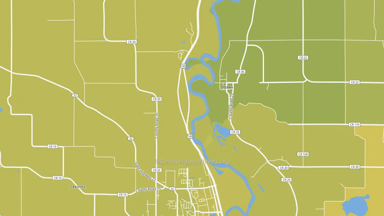 Map of the best neighborhoods in the Ottawa area, with better matches in green and worse matches in red