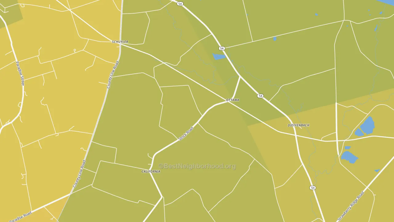 Map of the best neighborhoods in the Ottawa area, with better matches in green and worse matches in red