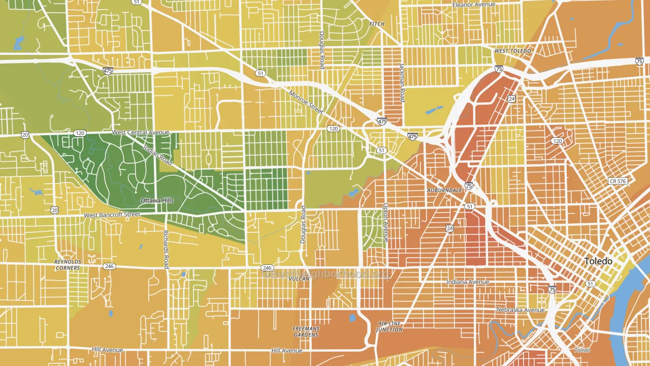 Map of the best neighborhoods in the Ottawa, Toledo area, with better matches in green and worse matches in red