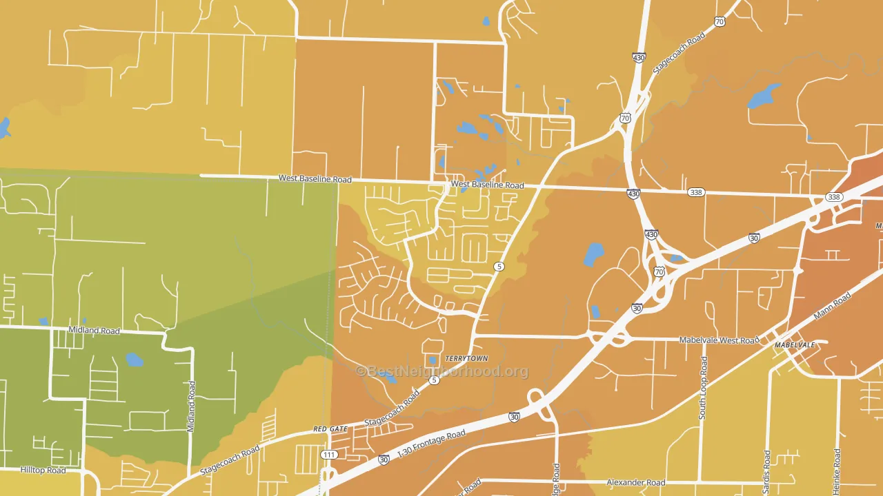 Map of the best neighborhoods in the Otter Creek Crystal, Little Rock area, with better matches in green and worse matches in red