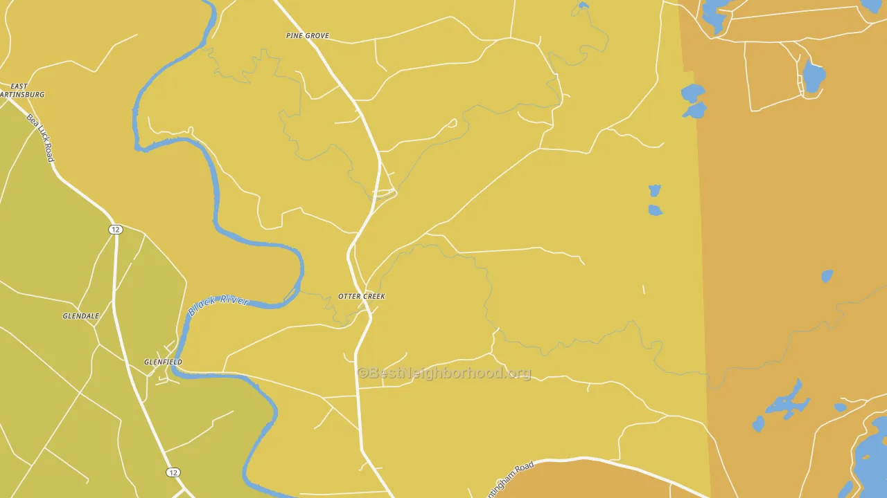 Map of the best neighborhoods in the Otter Creek area, with better matches in green and worse matches in red