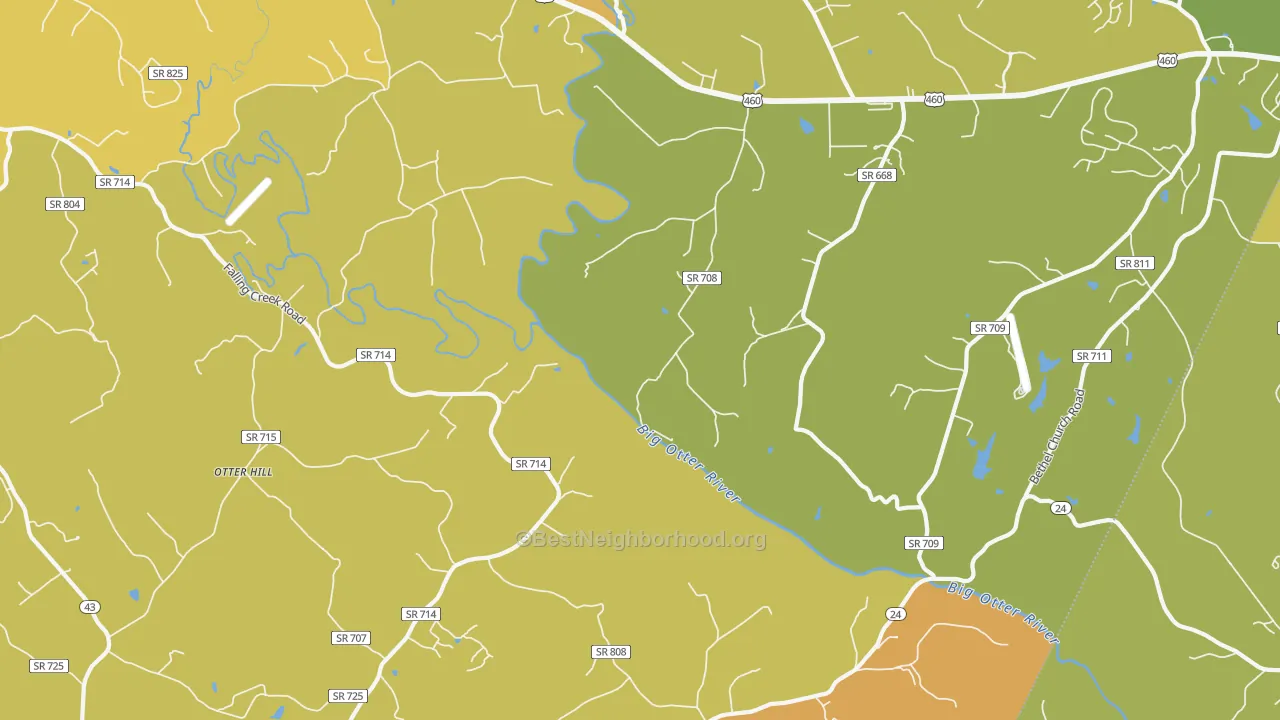 Map of the best neighborhoods in the Otter Hill area, with better matches in green and worse matches in red
