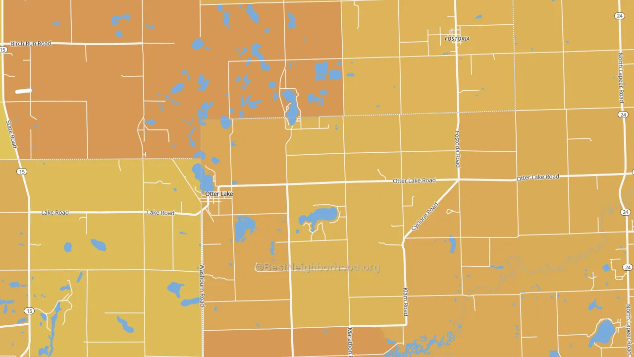Map of the best neighborhoods in the Otter Lake area, with better matches in green and worse matches in red