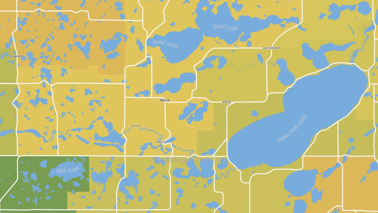 Map of the best neighborhoods in the Otter Tail County area, with better matches in green and worse matches in red